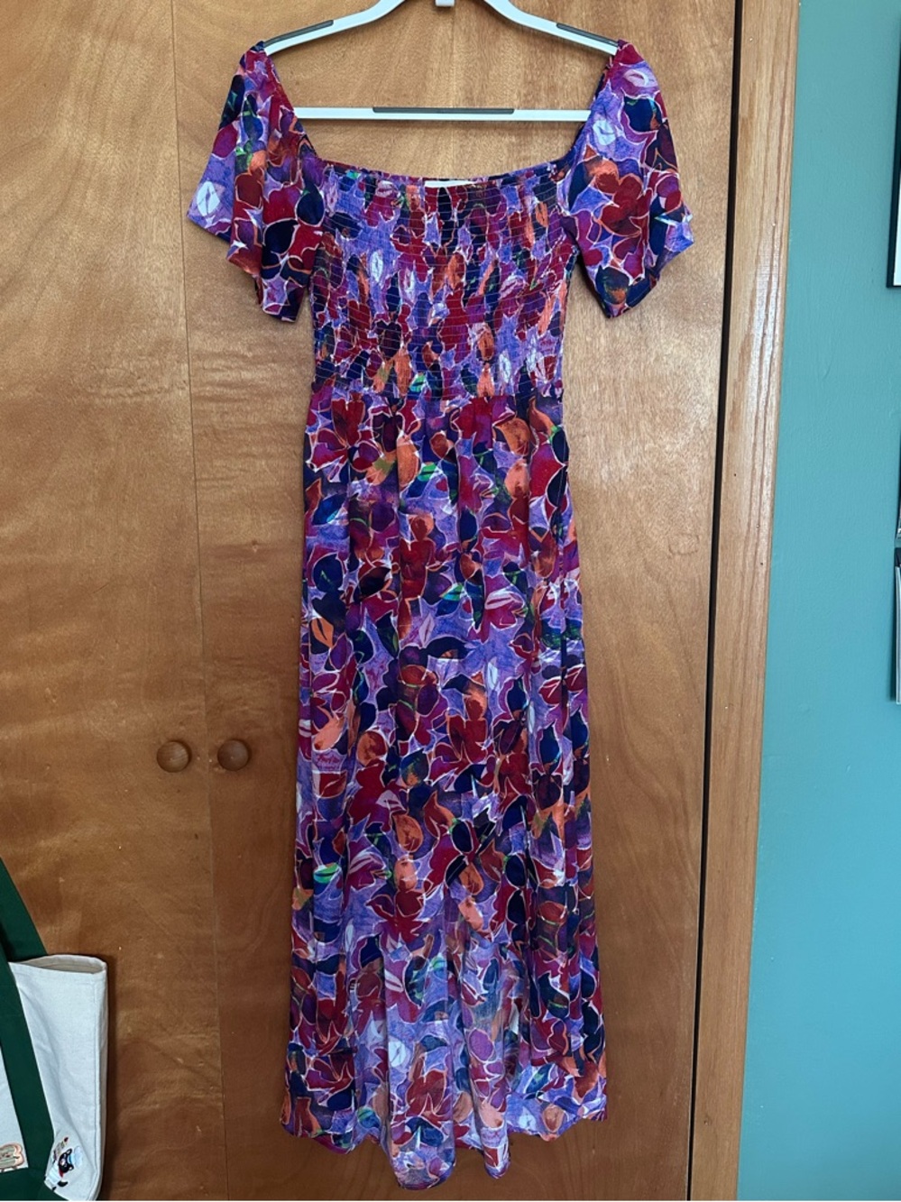 Women’s Abstract Floral Off-Shoulder Maxi Dress in Purple and Red